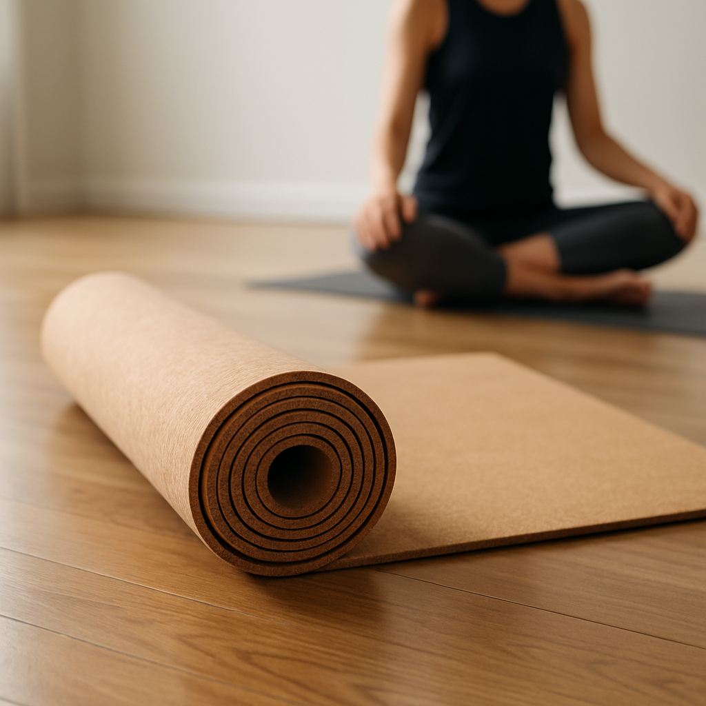 Cork yoga mat rolled up on a wooden floor