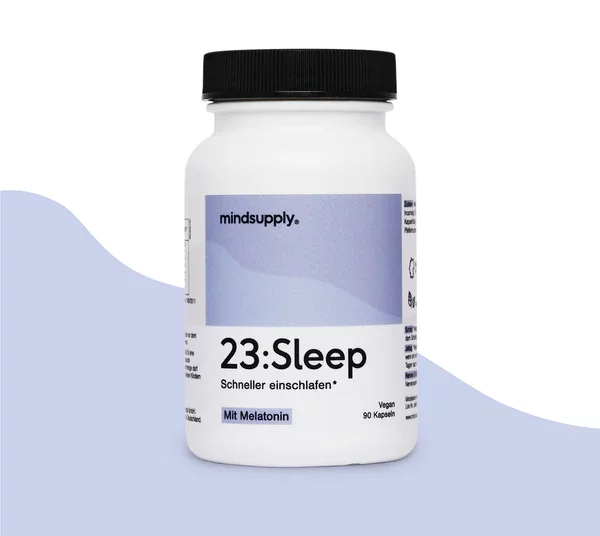 Nachhaltige, bio-vegane Melatonin-Kapseln von Mindsupply zur Unterstützung des Schlafs in umweltfreundlicher Verpackung.
