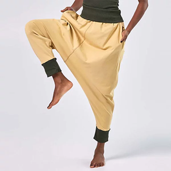 Haremshosen in trendigem Design, ideal für Yoga, aus veganen Materialien, bequem und stylisch, perfekt für aktive Frauen.