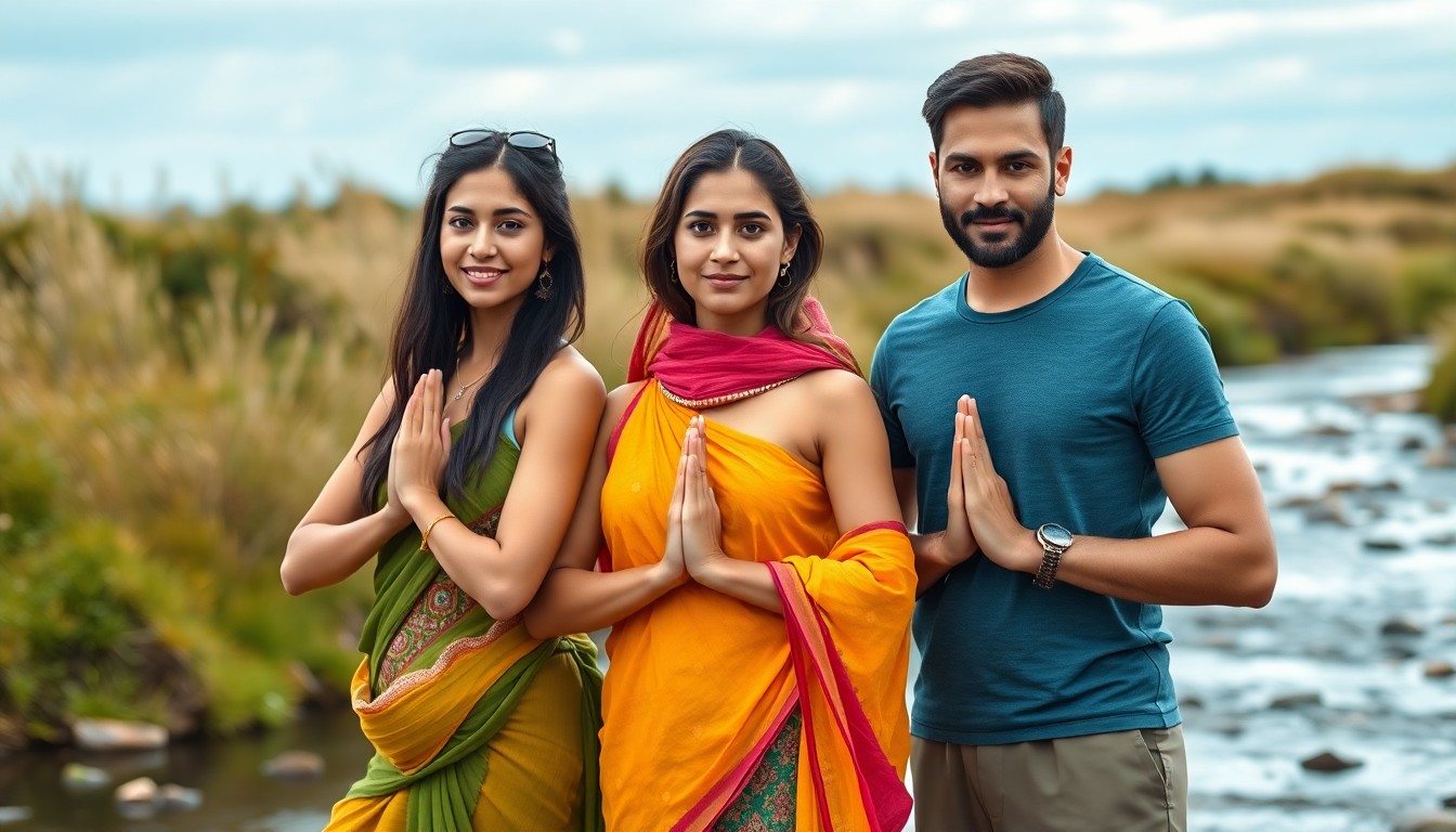 3 Hindus, one man and two women, at Ganga Ghat Rishikesh and postering Namaste