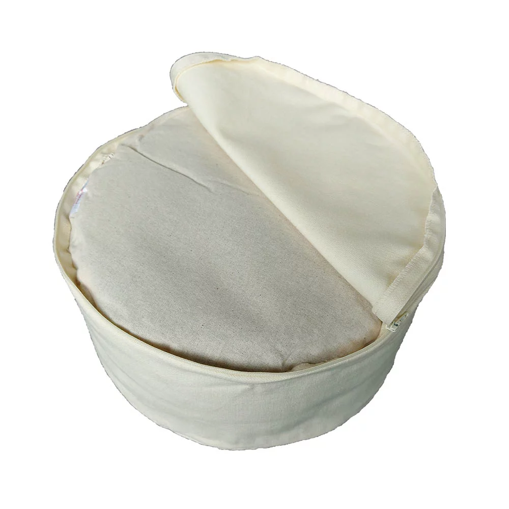 Zafu Meditationskissen rund in Bio-Qualität, Elfenbeinfarbe, ideal für entspannte Meditation und komfortable Sitzhaltung.