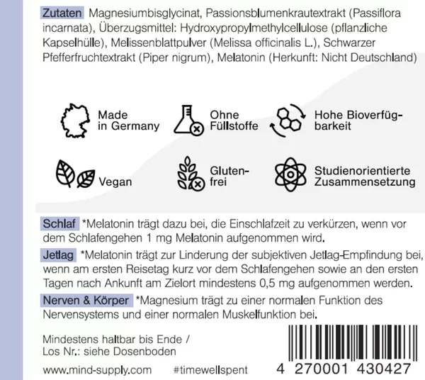 "Nachhaltige bio-vegane Melatonin-Kapseln für besseren Schlaf von Mindsupply7, umgeben von Pflanzen und einem Schlafsymbol."