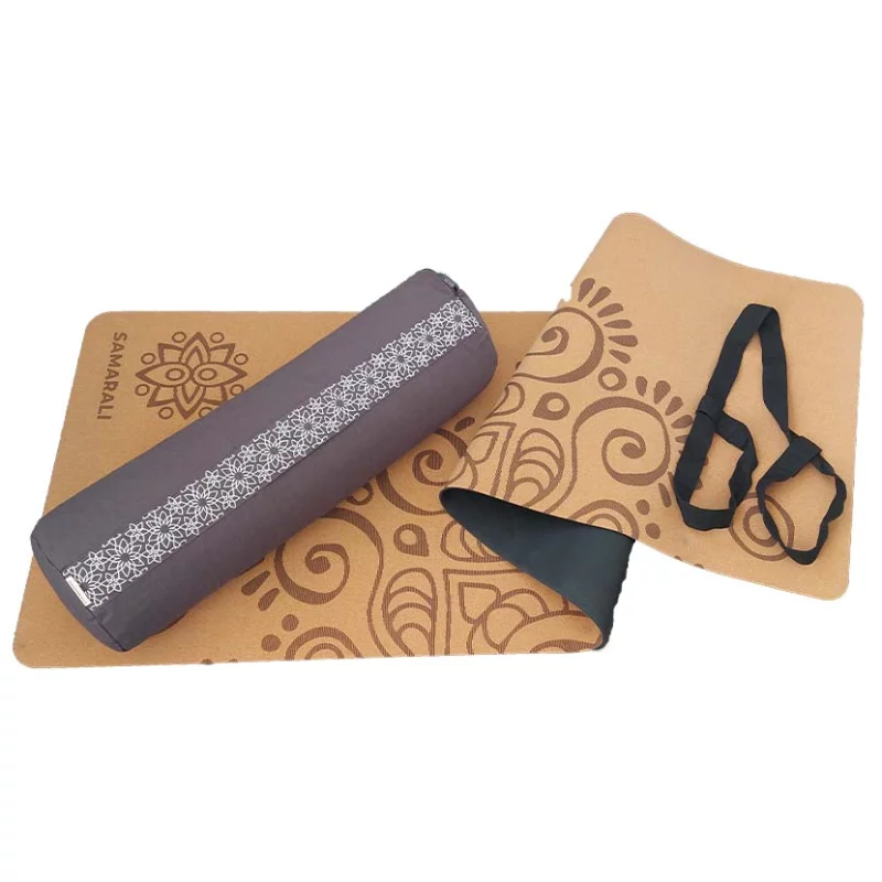 Yin Yoga Set – Moon - Nachhaltige Yogamatte aus Kork und GOTS zertifizierter Bio Baumwolle Bolster Grau 3