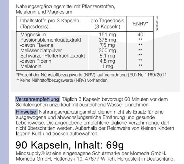 ALT-Text: Kapseln mit Melatonin in umweltfreundlicher Verpackung für besseren Schlaf und mentale Gesundheit, vegan und bio.